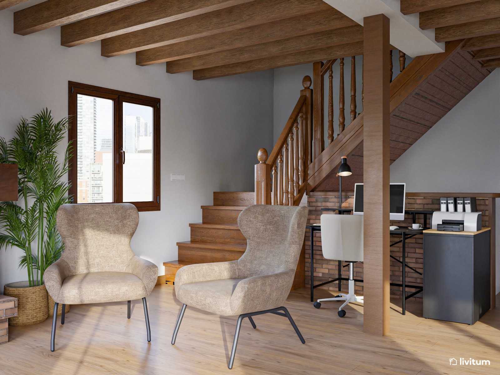 Salón de estilo rústico con chimenea y zona de escritorio