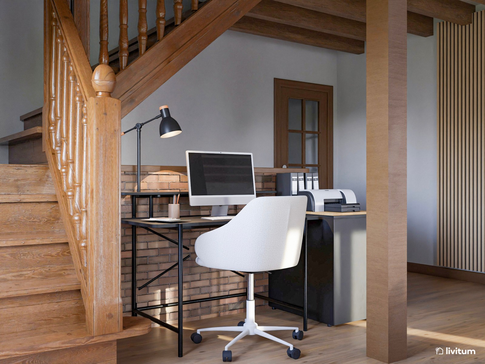 Salón de estilo rústico con chimenea y zona de escritorio