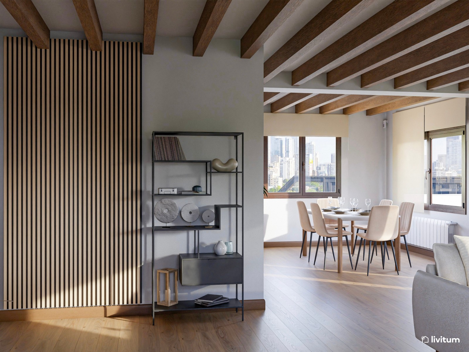 Salón de estilo rústico con chimenea y zona de escritorio