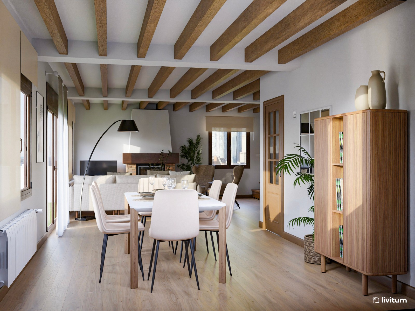 Salón de estilo rústico con chimenea y zona de escritorio