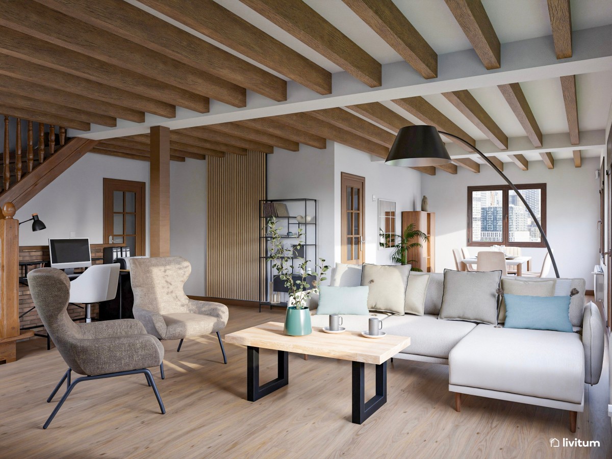 Salón de estilo rústico con chimenea y zona de escritorio