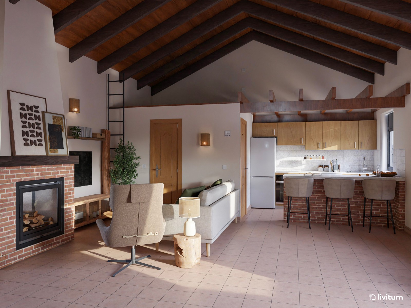 Salón de estilo rústico con cocina abierta