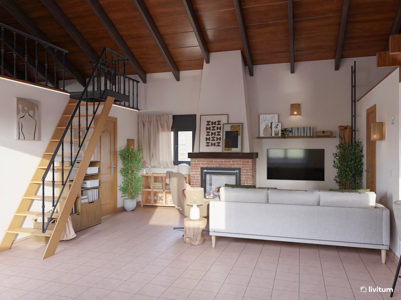 Salón de estilo rústico con cocina abierta
