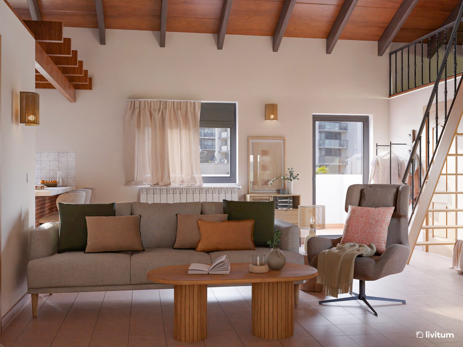 Salón de estilo rústico con cocina abierta