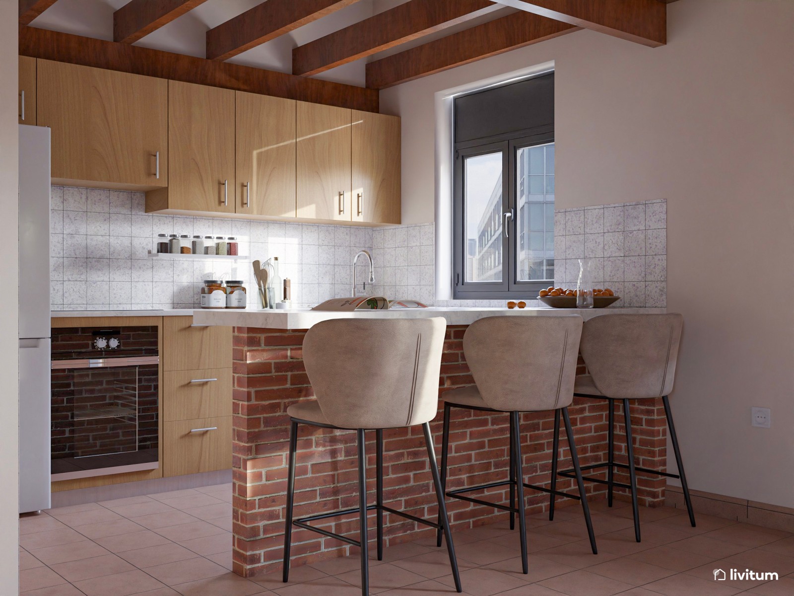 Salón de estilo rústico con cocina abierta