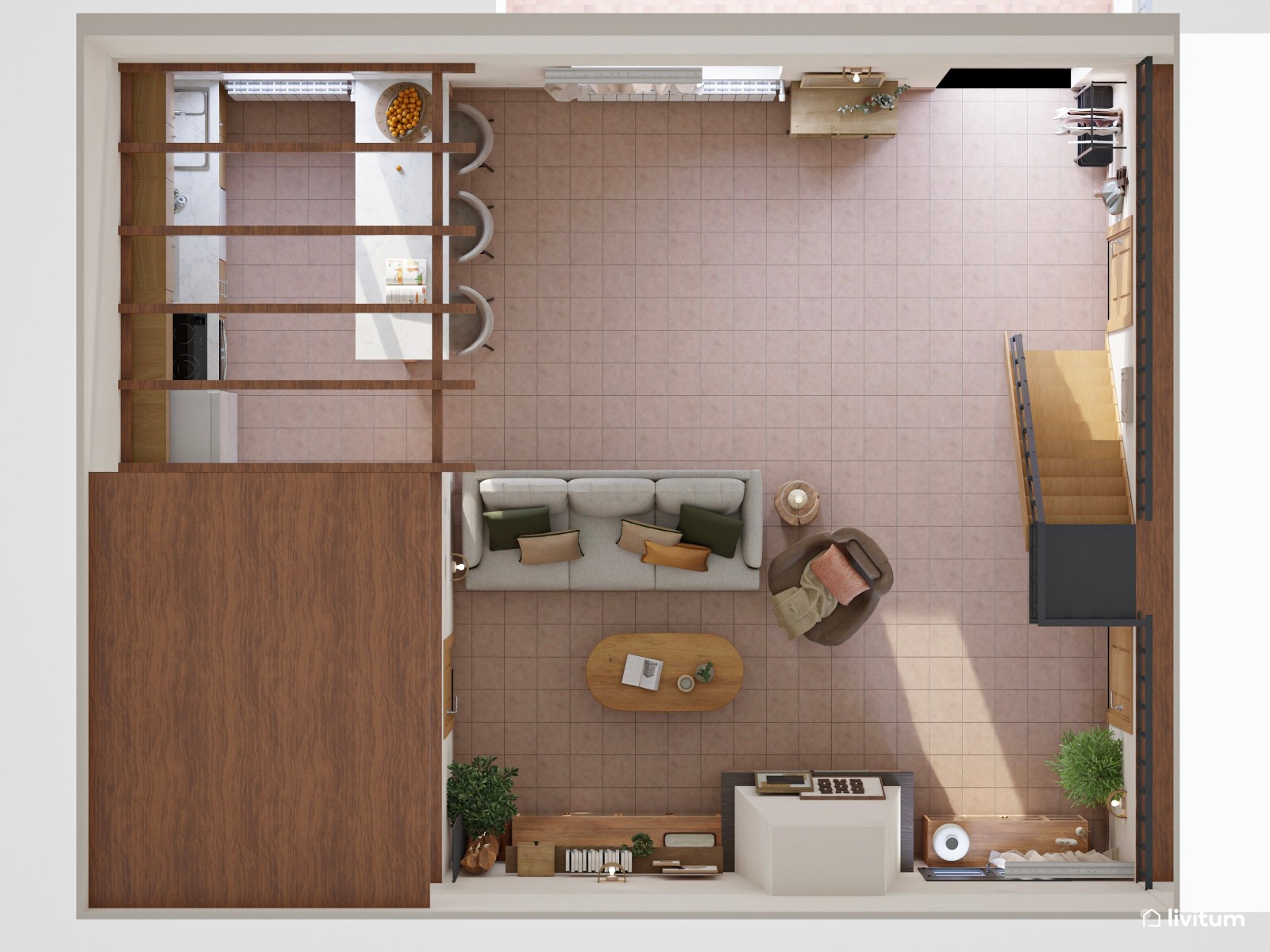 Salón de estilo rústico con cocina abierta