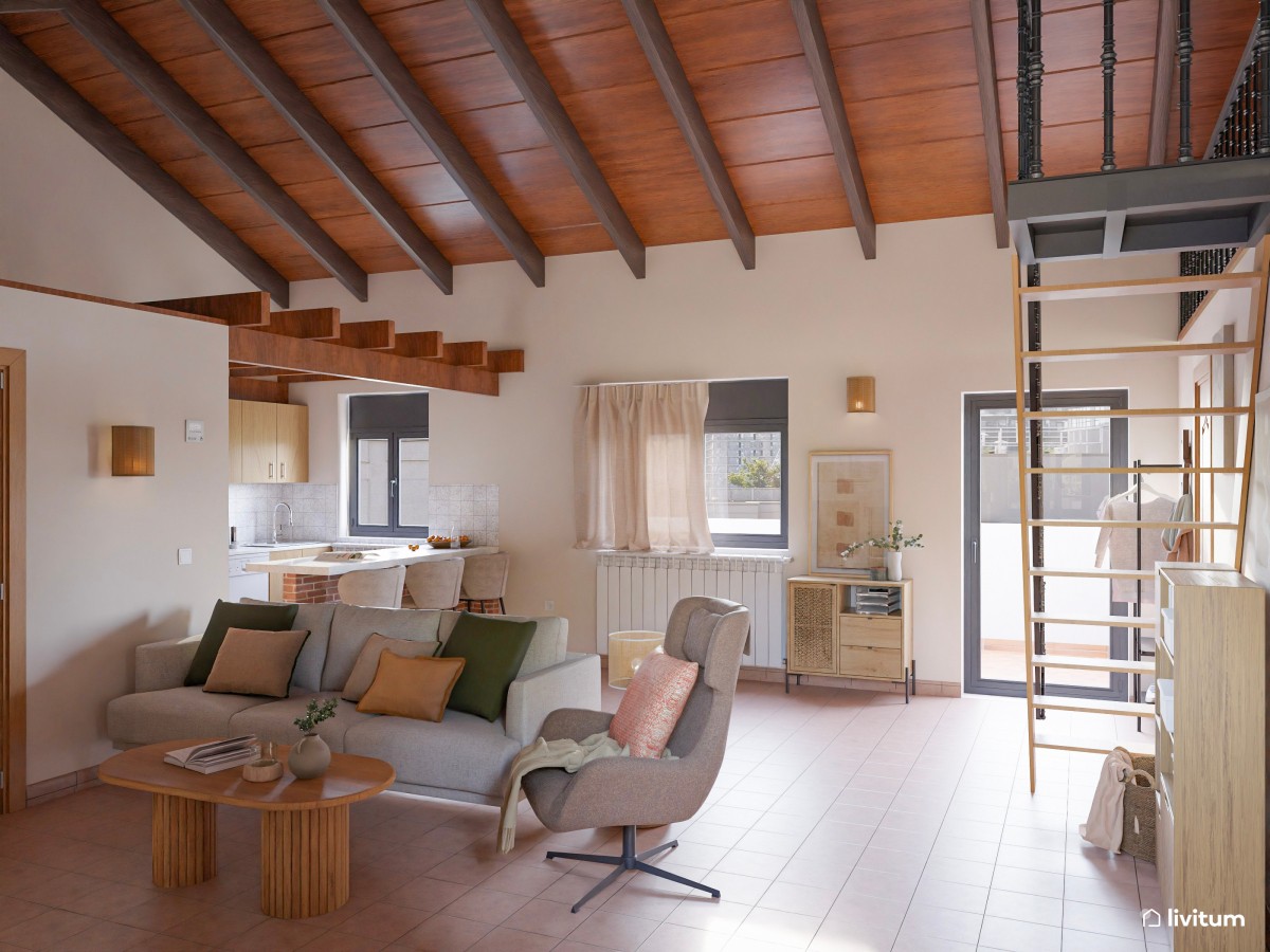 Salón de estilo rústico con cocina abierta