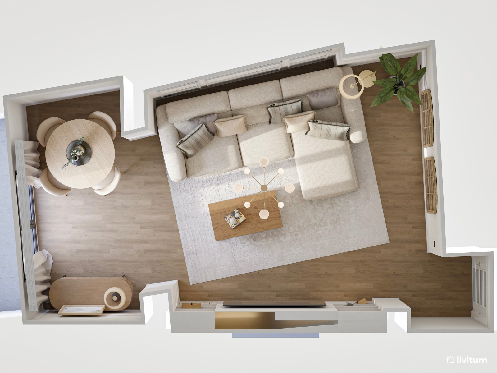 Salón de tonos neutros con molduras y espejos de ventana
