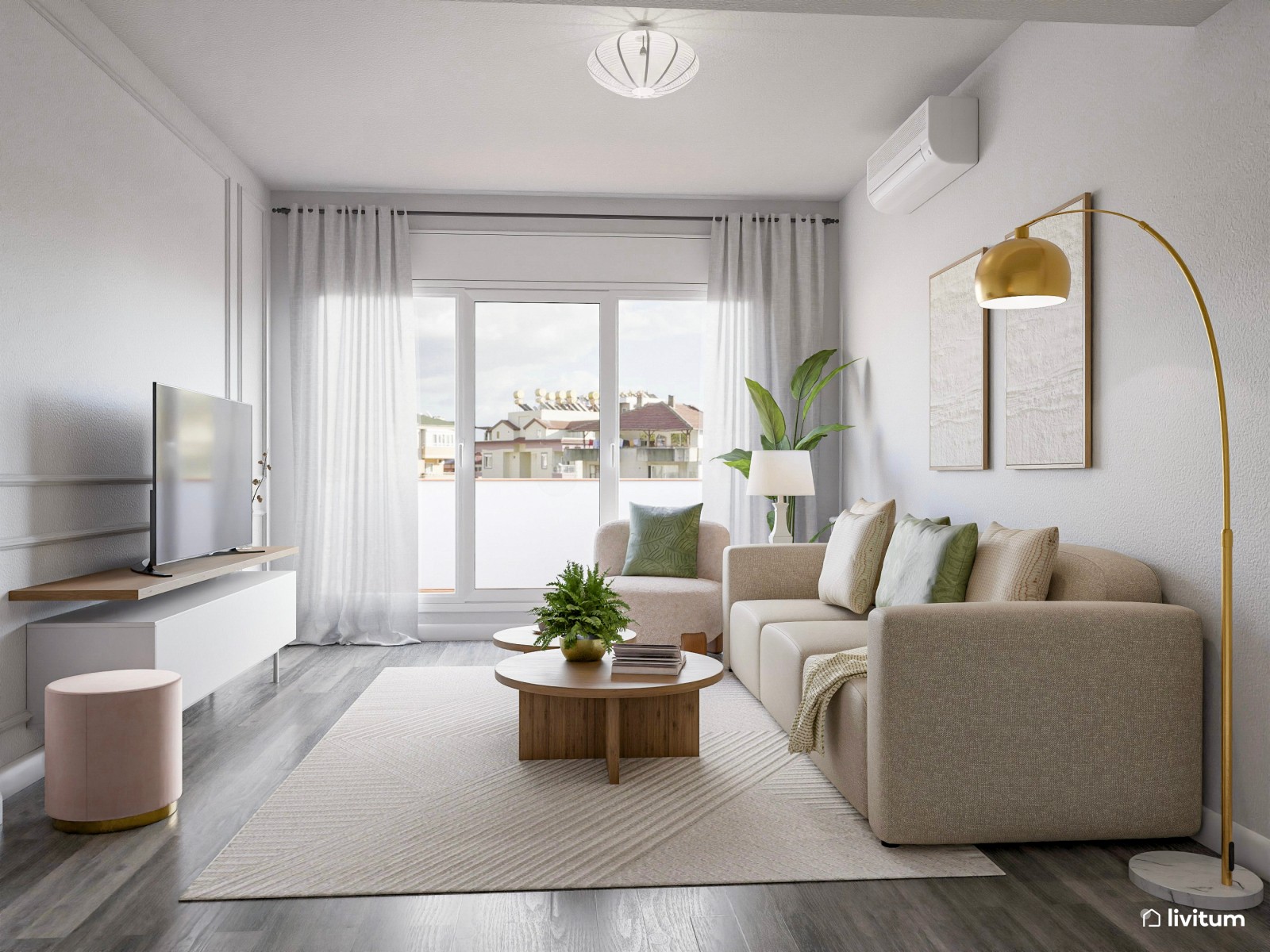 Salón de tonos neutros, madera y molduras, con detalles en verde