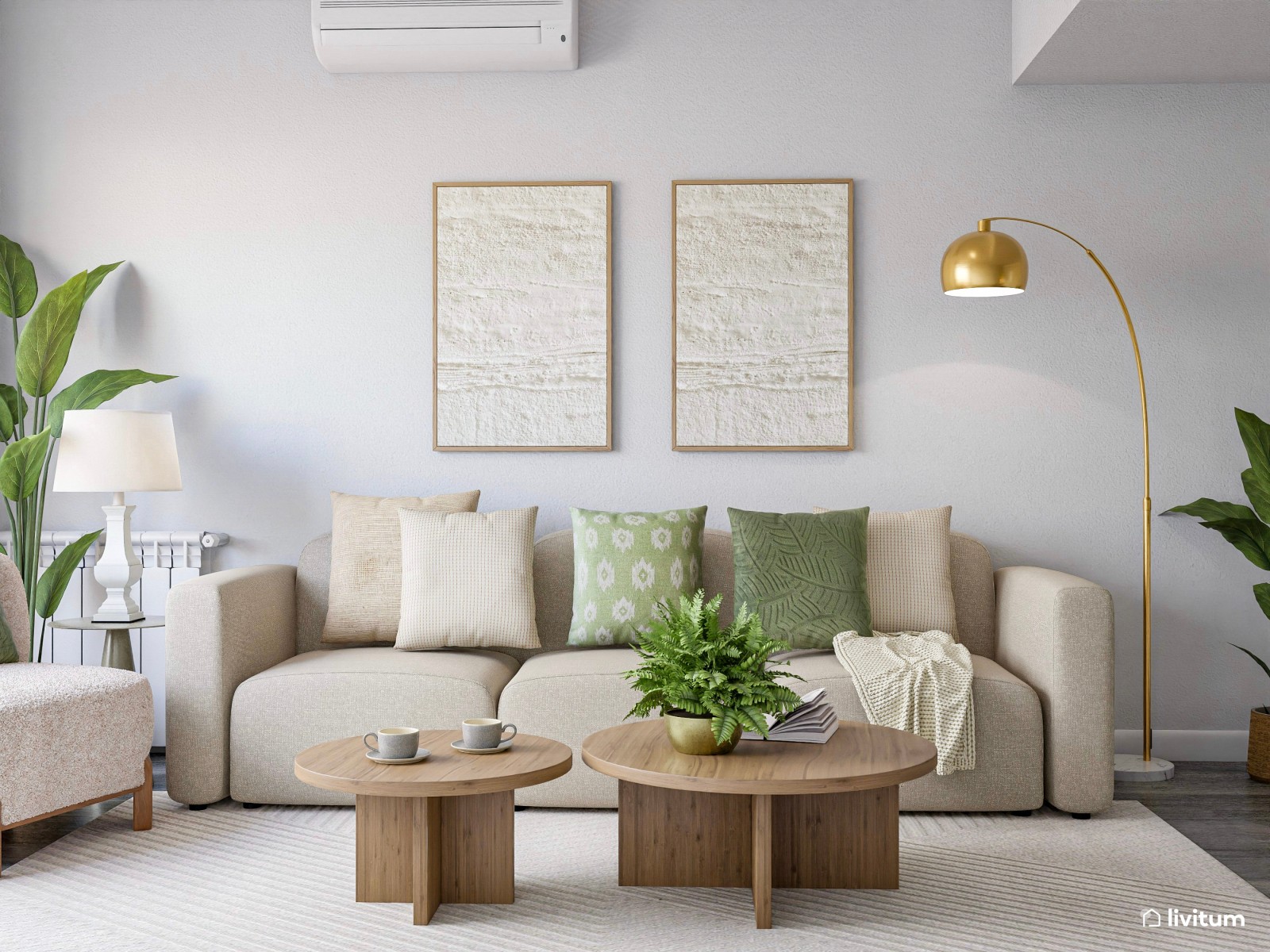 Salón de tonos neutros, madera y molduras, con detalles en verde