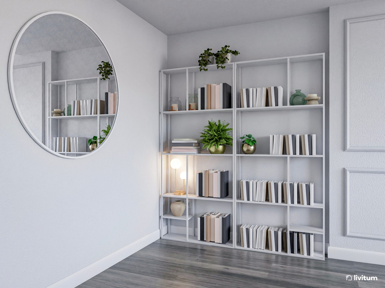 Salón de tonos neutros, madera y molduras, con detalles en verde