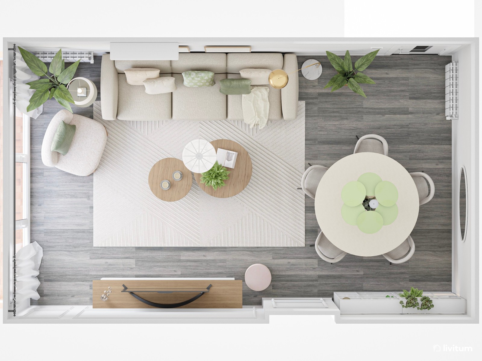 Salón de tonos neutros, madera y molduras, con detalles en verde