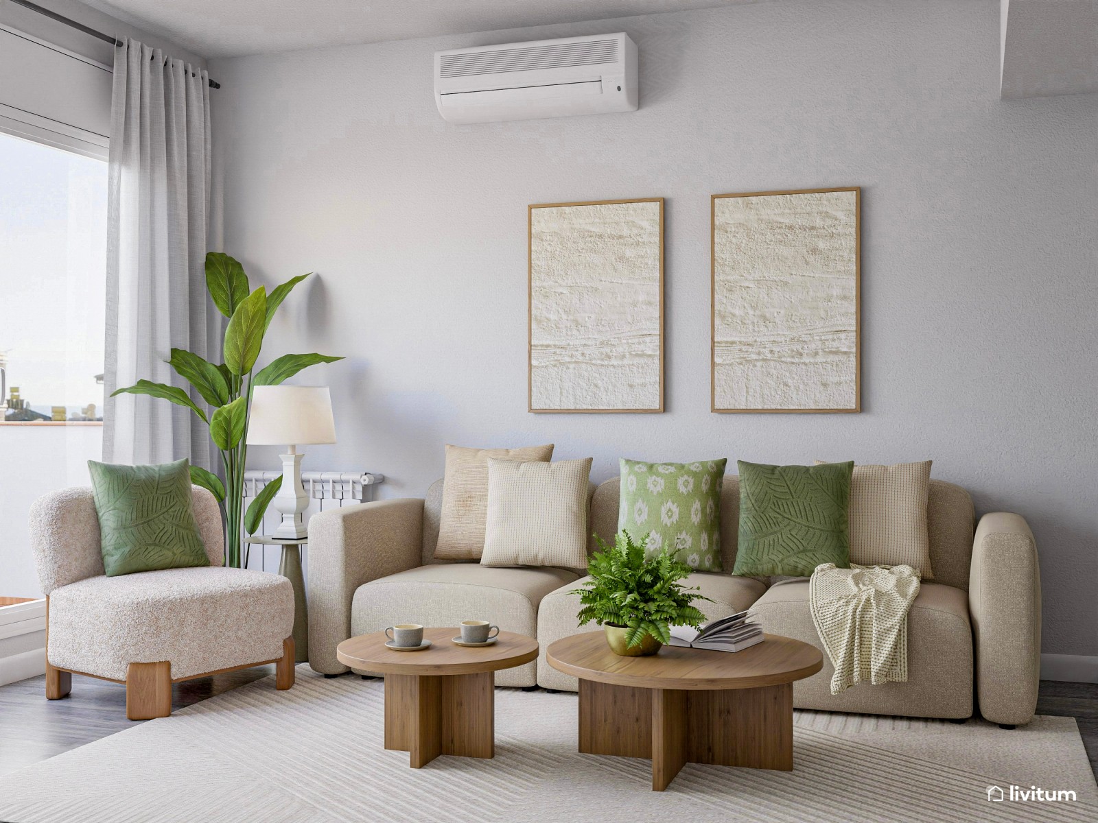 Salón de tonos neutros, madera y molduras, con detalles en verde