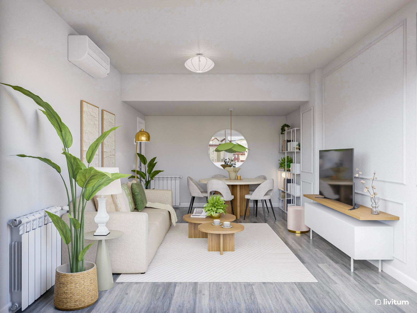 Salón de tonos neutros, madera y molduras, con detalles en verde