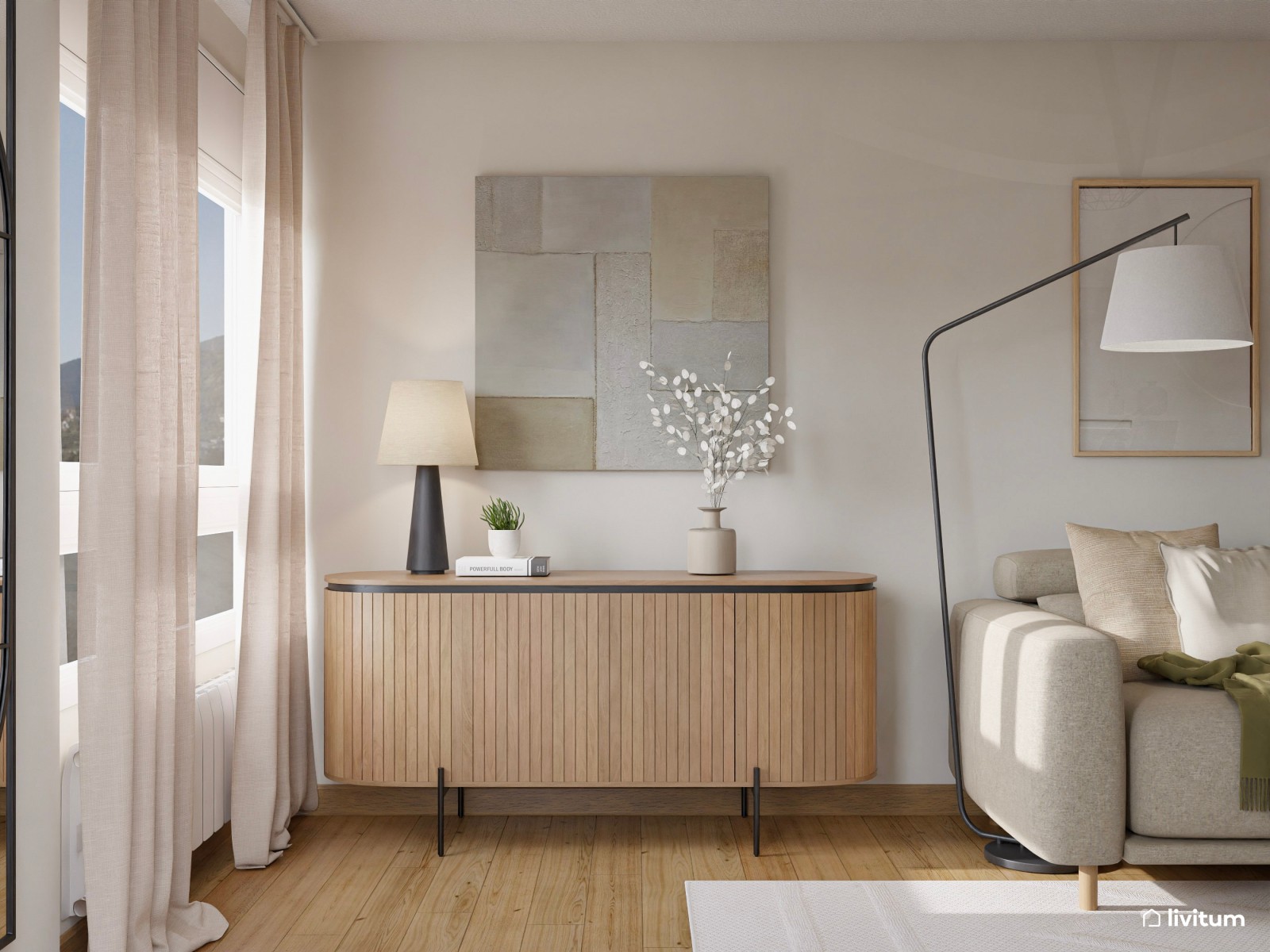 Salón decorado en madera, fibras vegetales y original espejo 