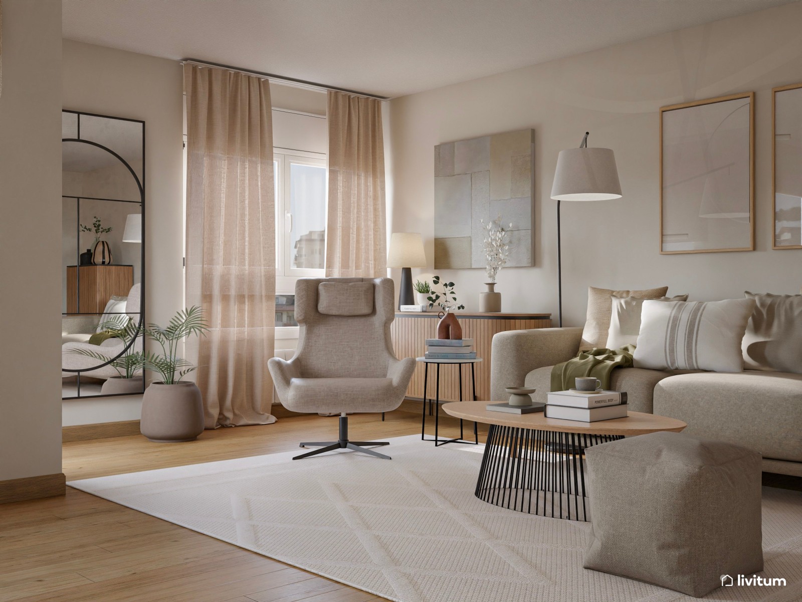 Salón decorado en madera, fibras vegetales y original espejo 