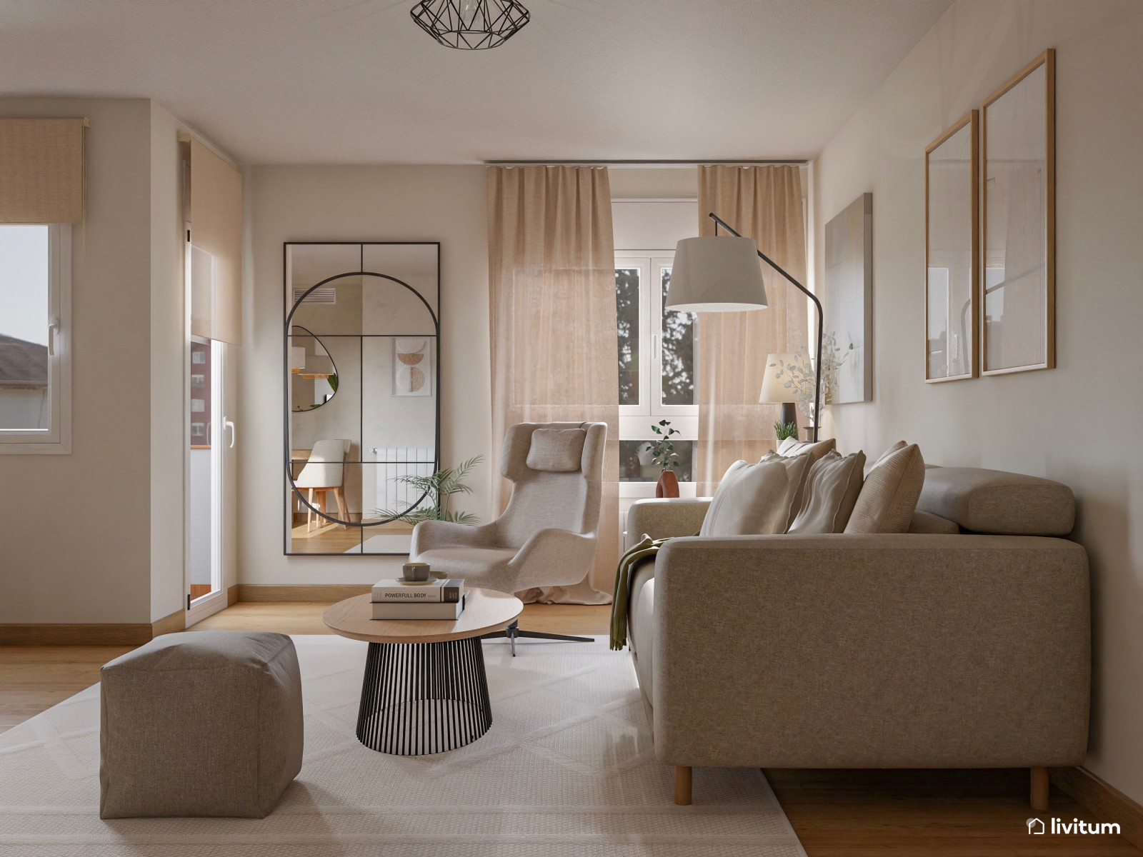 Salón decorado en madera, fibras vegetales y original espejo 