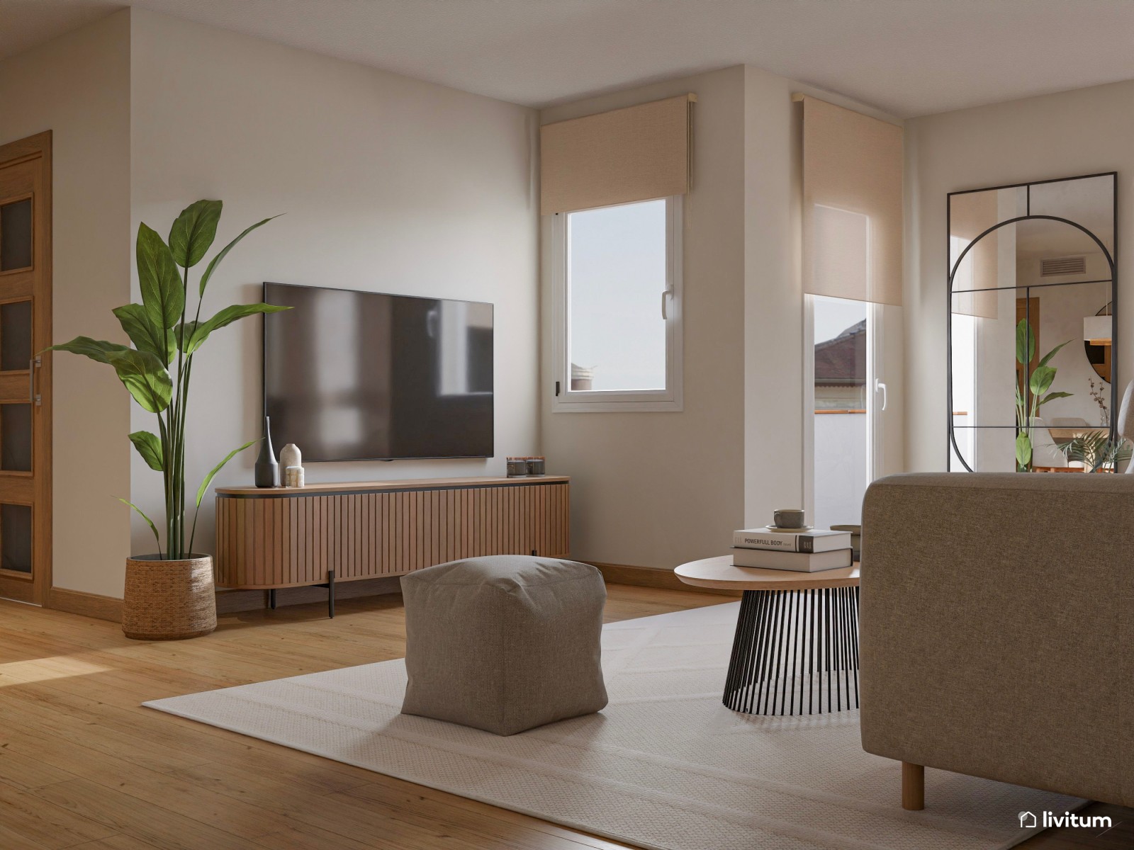 Salón decorado en madera, fibras vegetales y original espejo 