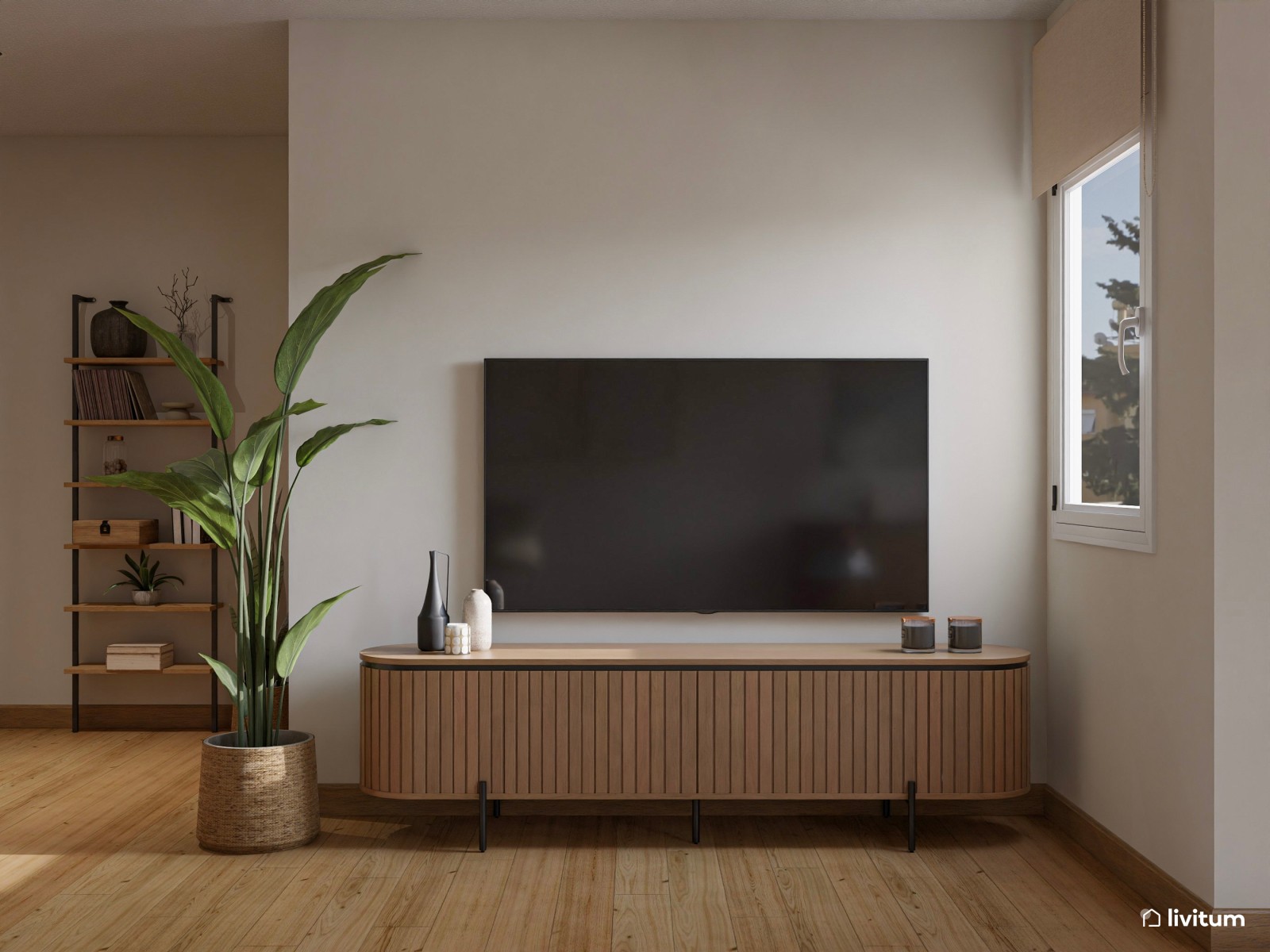 Salón decorado en madera, fibras vegetales y original espejo 