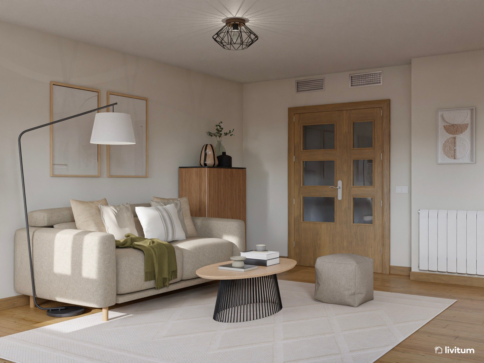 Salón decorado en madera, fibras vegetales y original espejo 