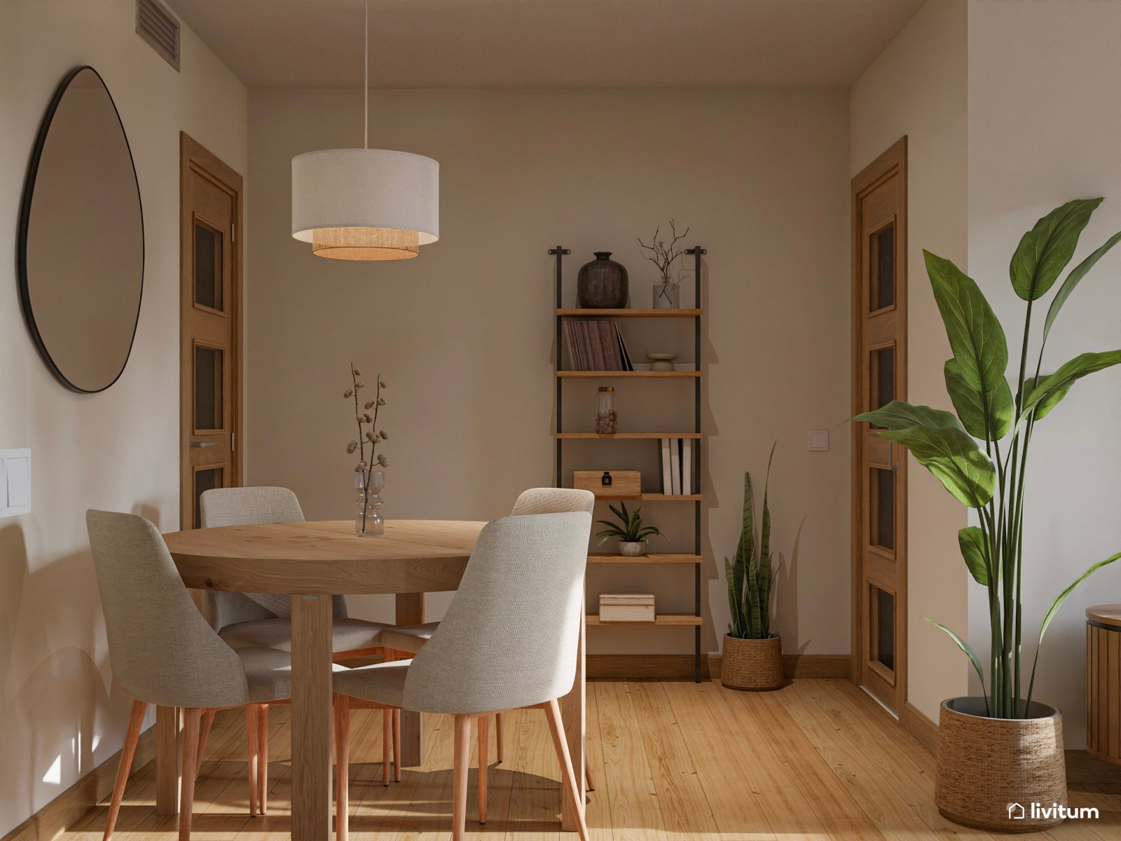 Salón decorado en madera, fibras vegetales y original espejo 