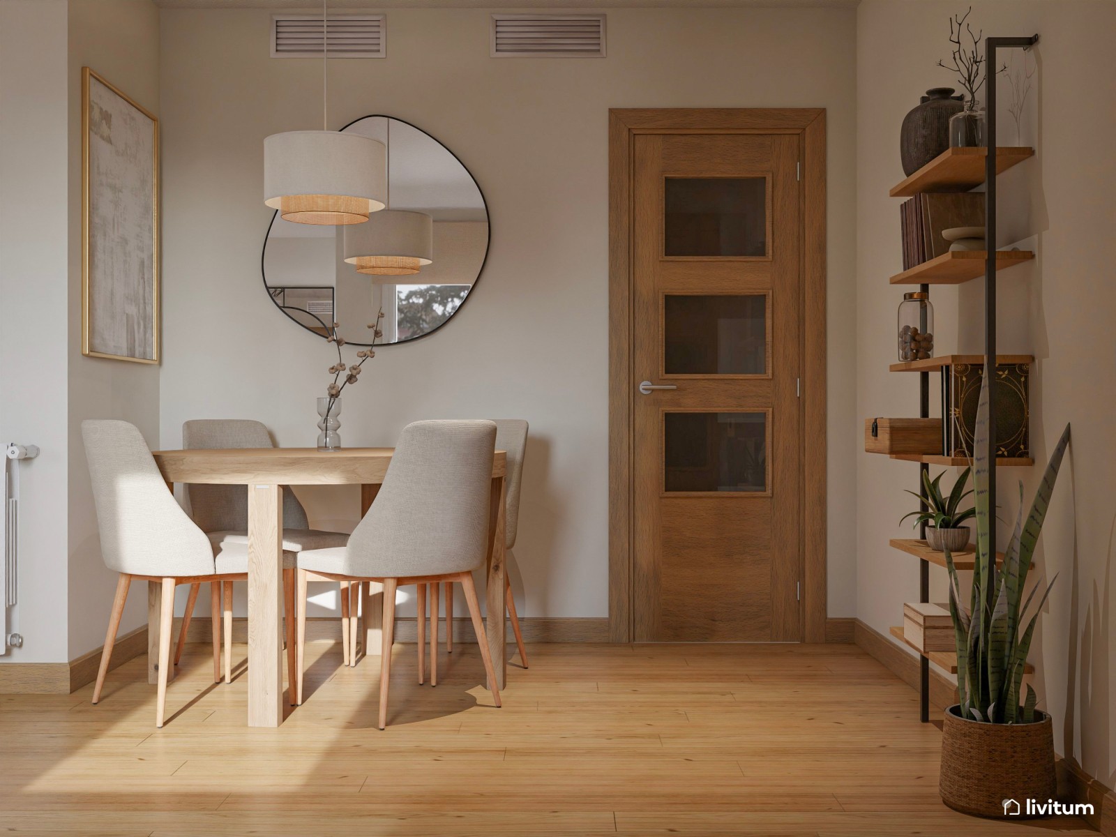 Salón decorado en madera, fibras vegetales y original espejo 