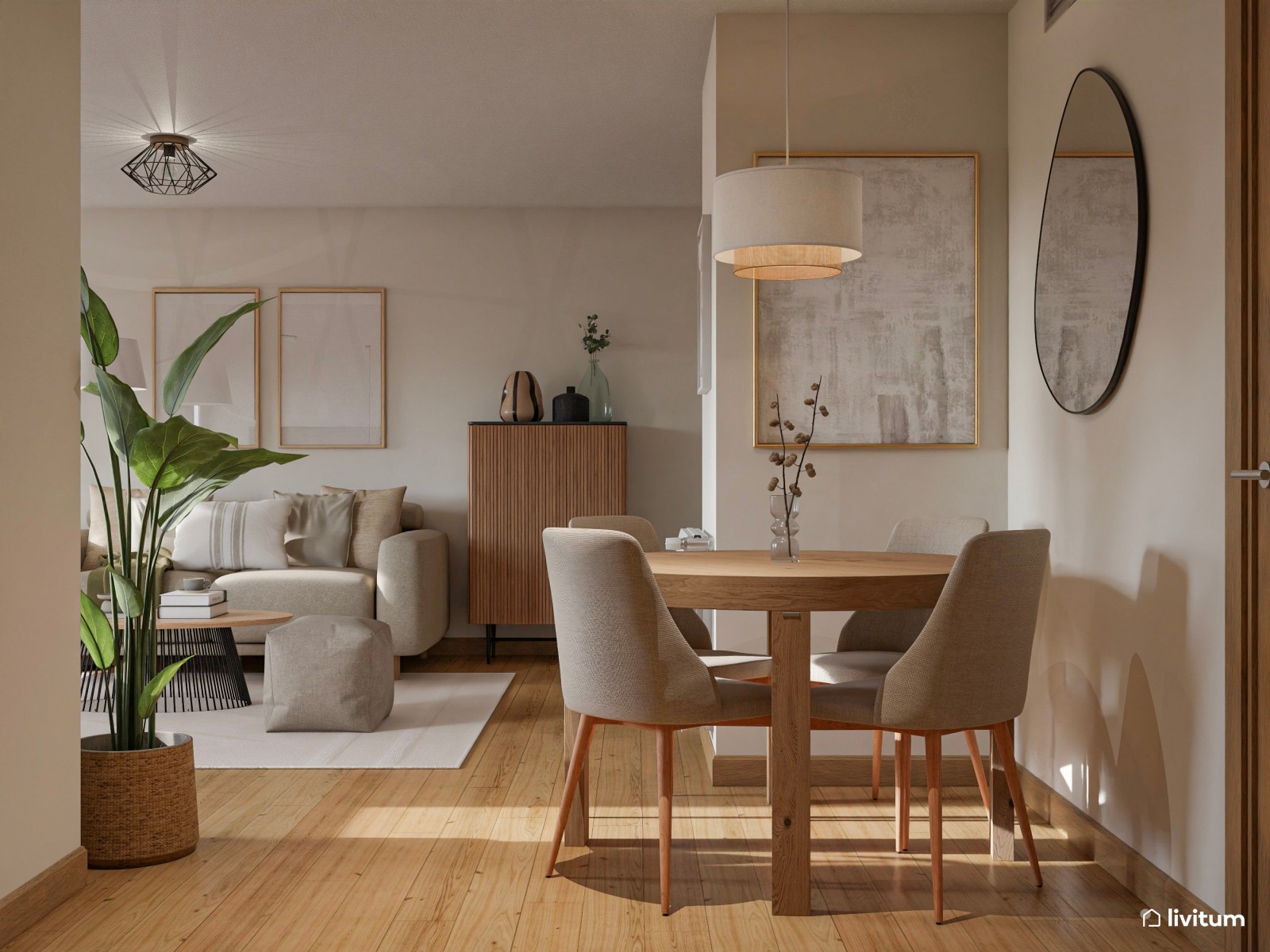 Salón decorado en madera, fibras vegetales y original espejo 