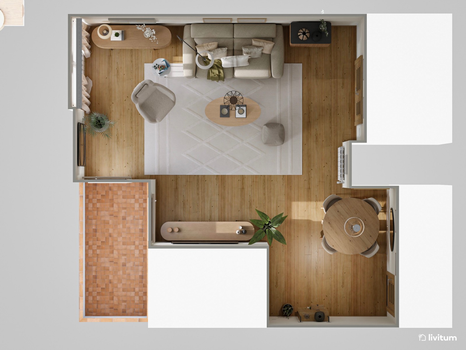 Salón decorado en madera, fibras vegetales y original espejo 