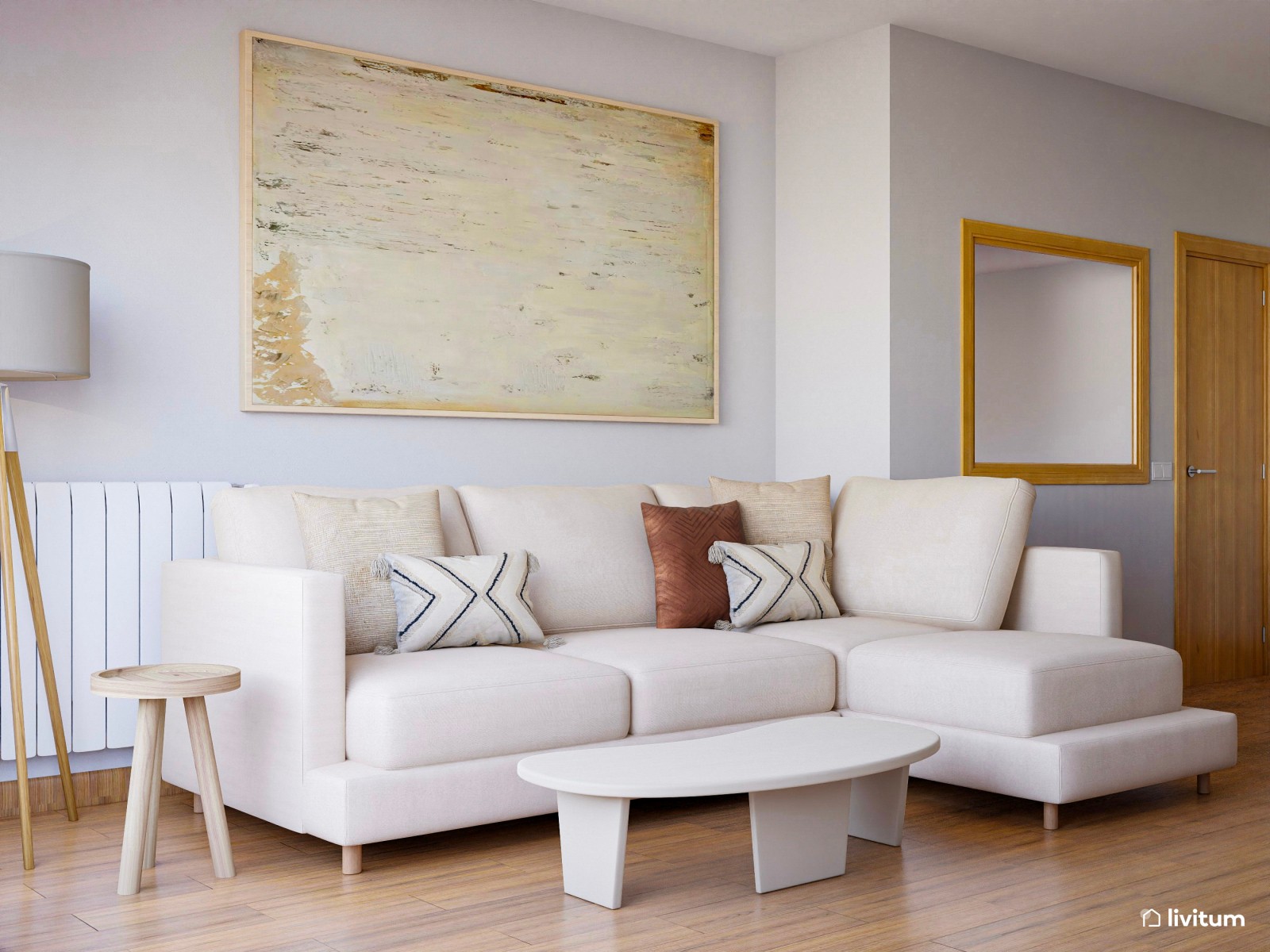 Salón decorado en tonos cálidos con texturas en madera 