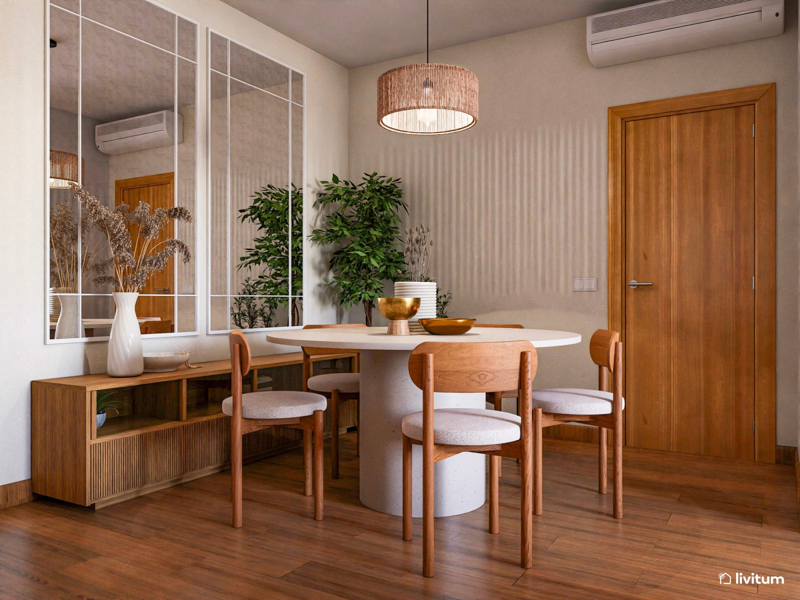 Salón decorado en tonos cálidos con texturas en madera 