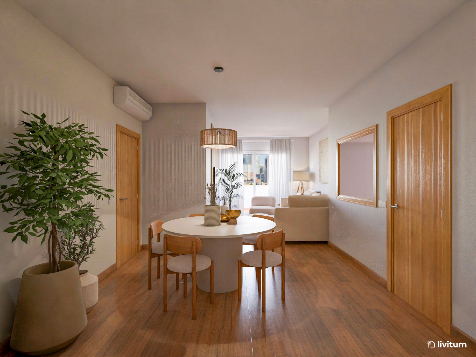 Salón decorado en tonos cálidos con texturas en madera 
