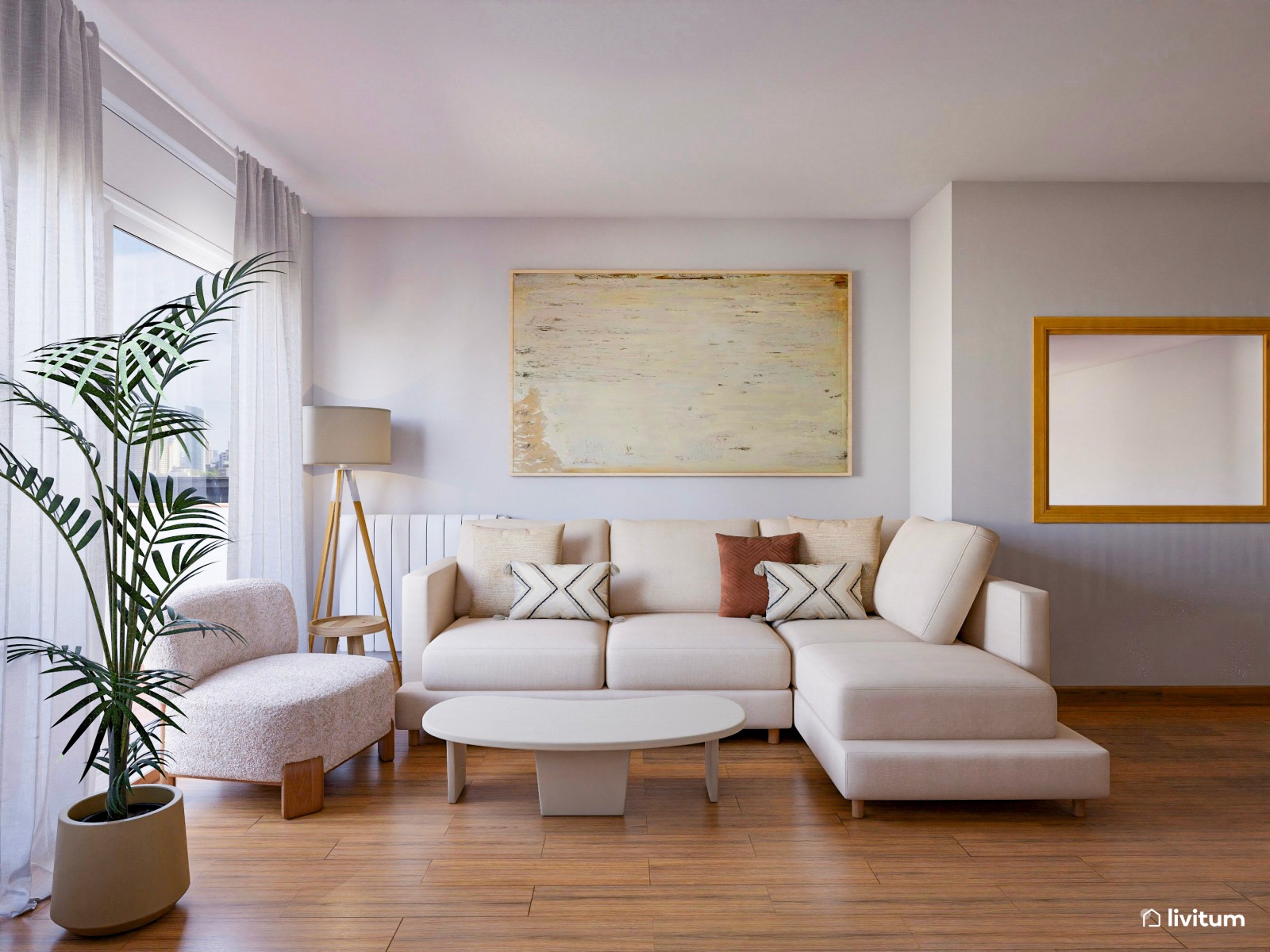 Salón decorado en tonos cálidos con texturas en madera 