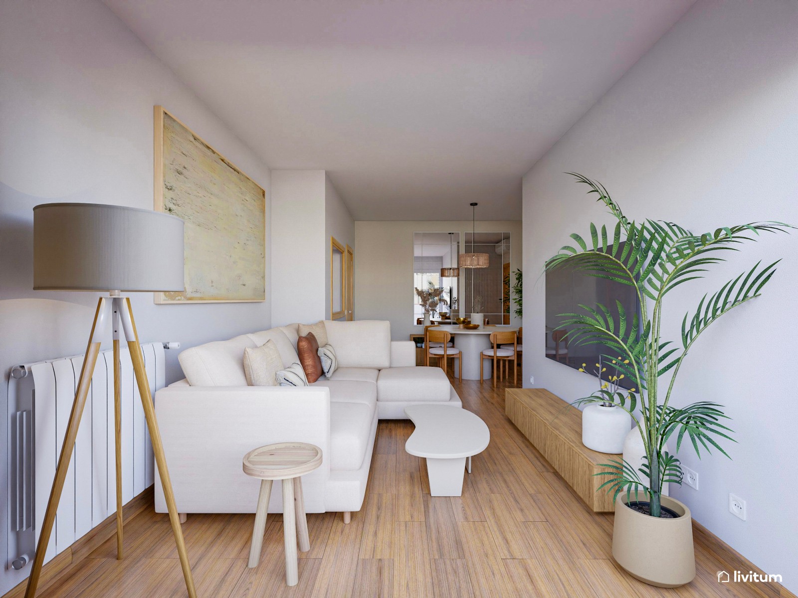 Salón decorado en tonos cálidos con texturas en madera 