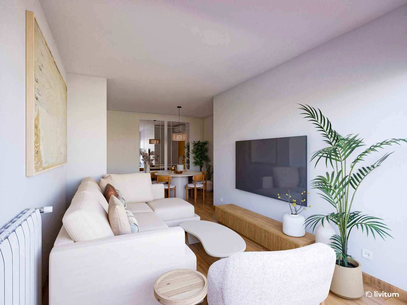 Salón decorado en tonos cálidos con texturas en madera 