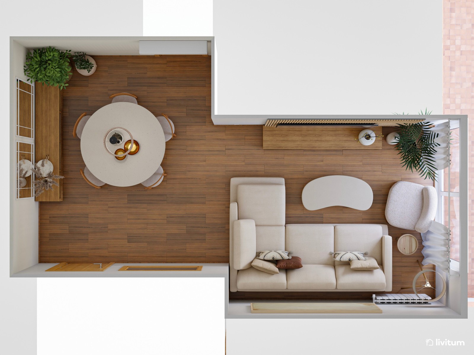 Salón decorado en tonos cálidos con texturas en madera 
