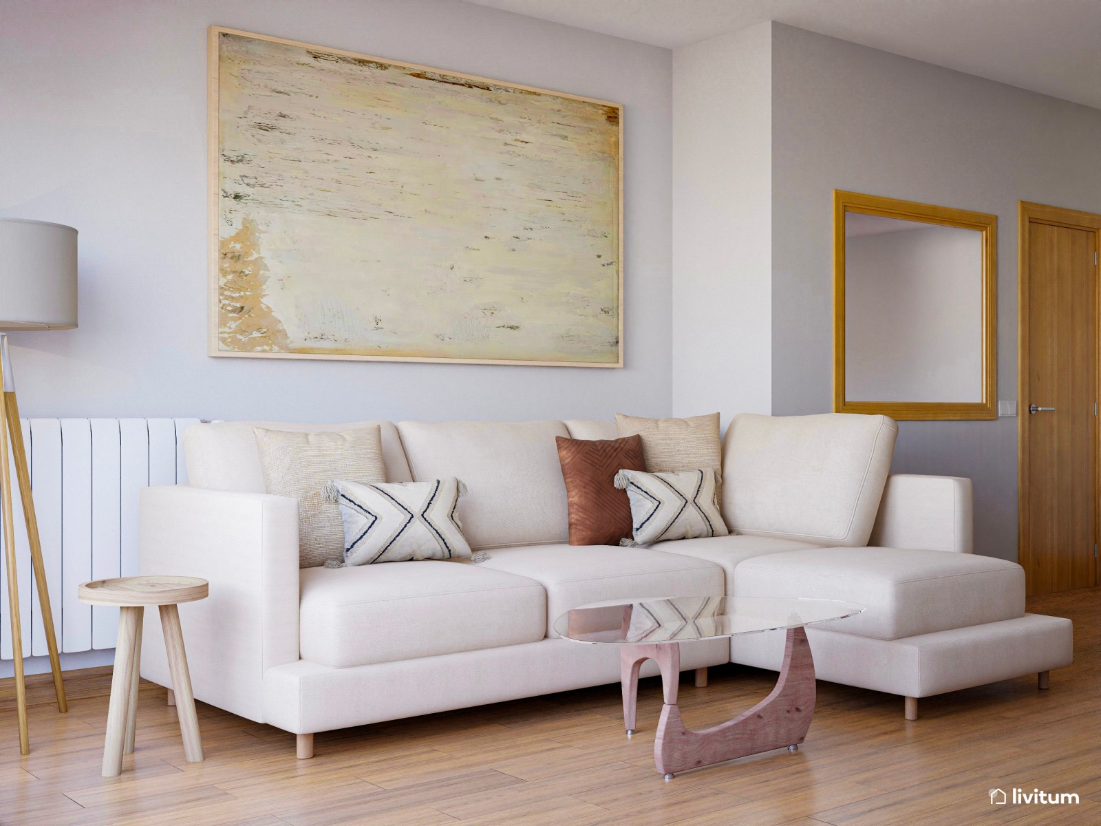 Salón decorado en tonos cálidos con texturas en madera 