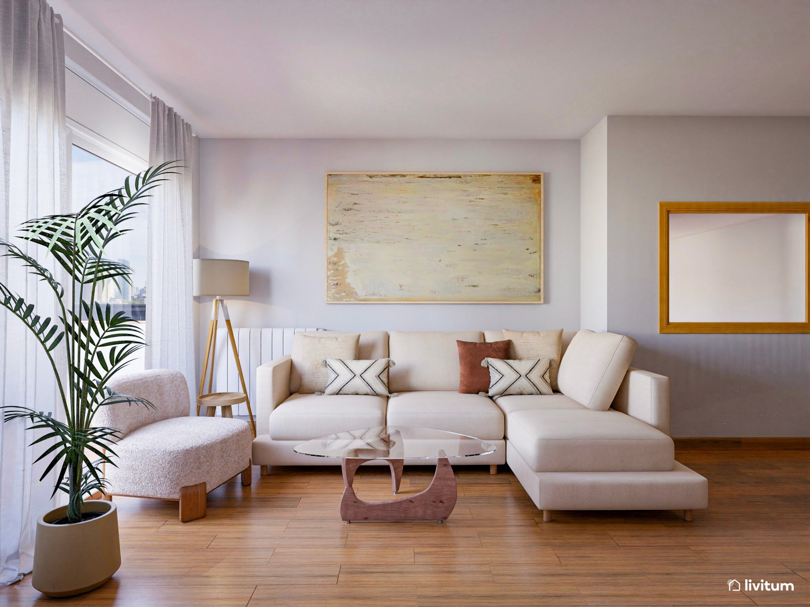 Salón decorado en tonos cálidos con texturas en madera 