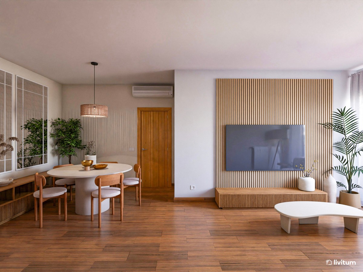 Salón decorado en tonos cálidos con texturas en madera