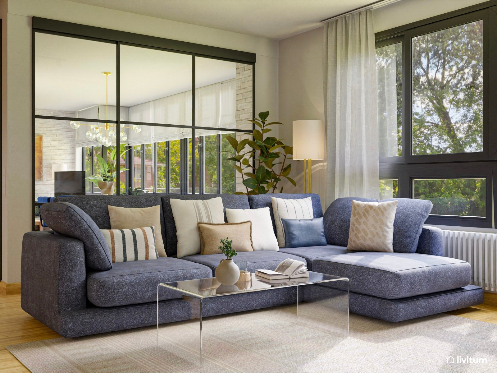 Salón doble, ecléctico y bohemio, decorado en azul y mostaza