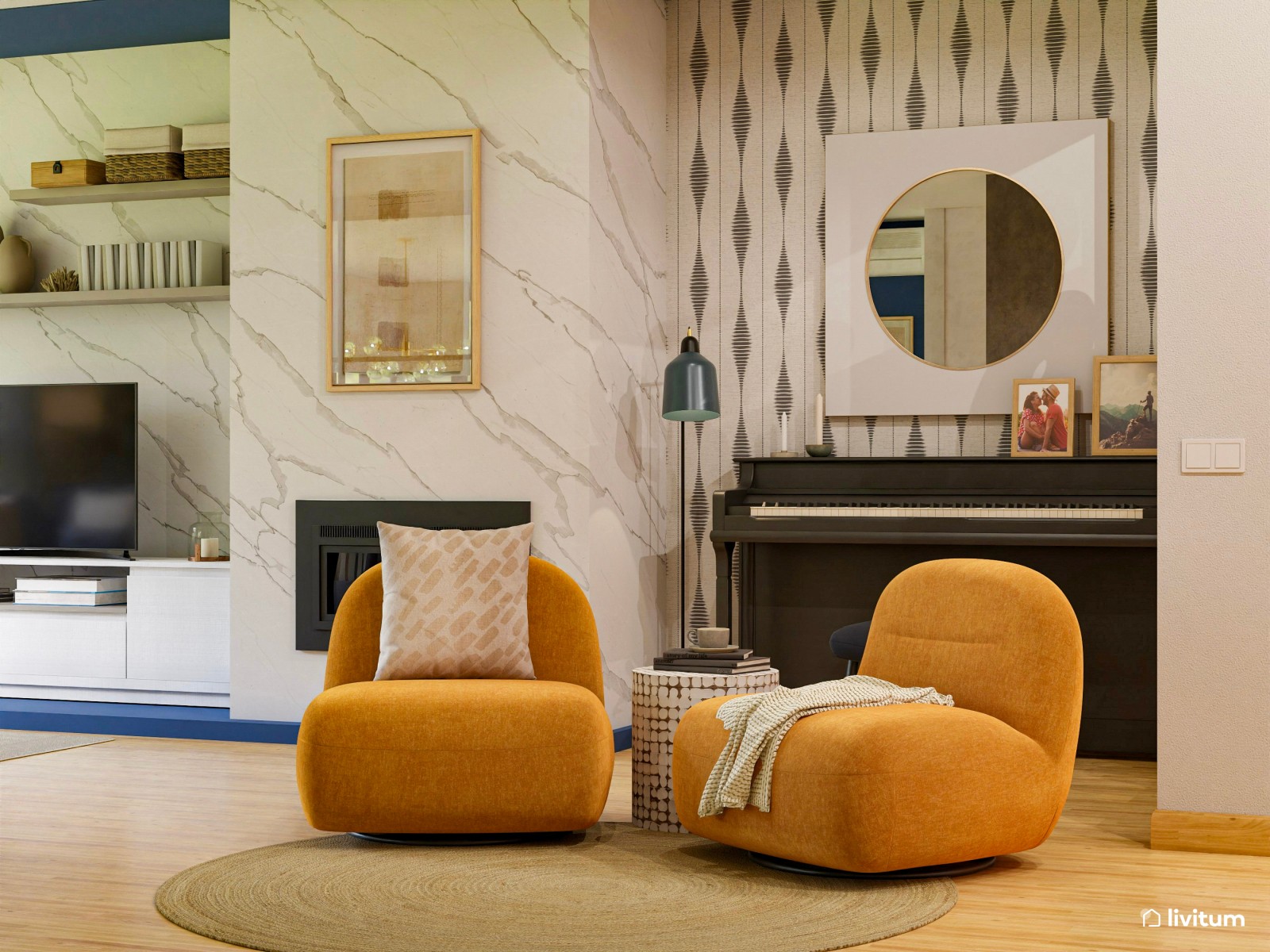 Salón doble, ecléctico y bohemio, decorado en azul y mostaza