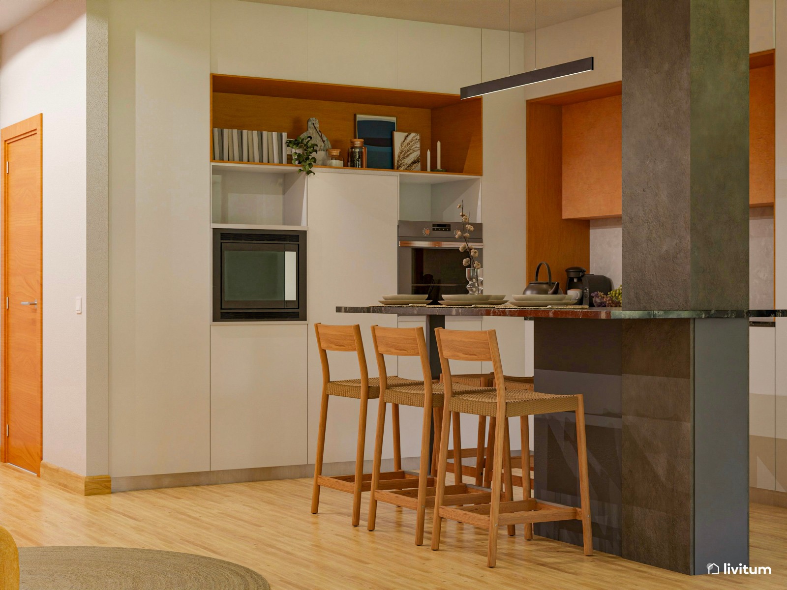 Salón doble, ecléctico y bohemio, decorado en azul y mostaza