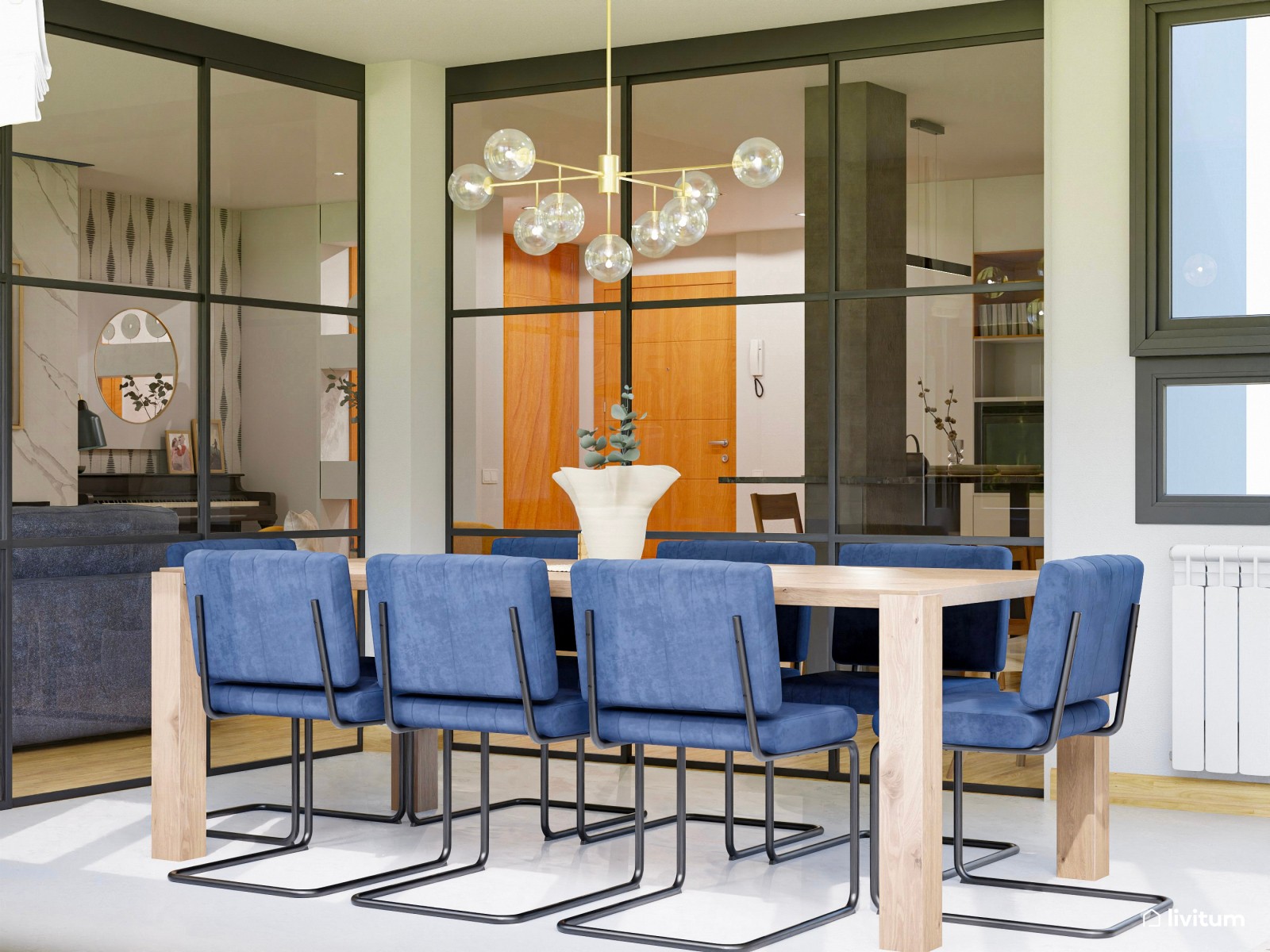 Salón doble, ecléctico y bohemio, decorado en azul y mostaza