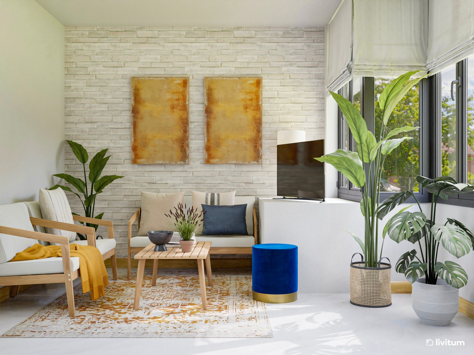 Salón doble, ecléctico y bohemio, decorado en azul y mostaza