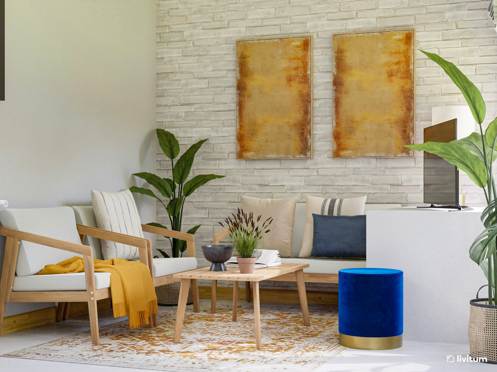 Salón doble, ecléctico y bohemio, decorado en azul y mostaza