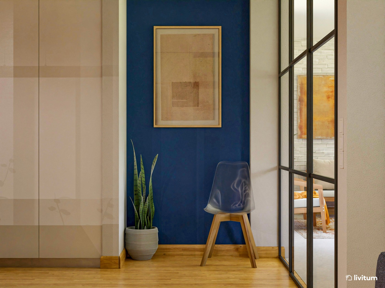 Salón doble, ecléctico y bohemio, decorado en azul y mostaza