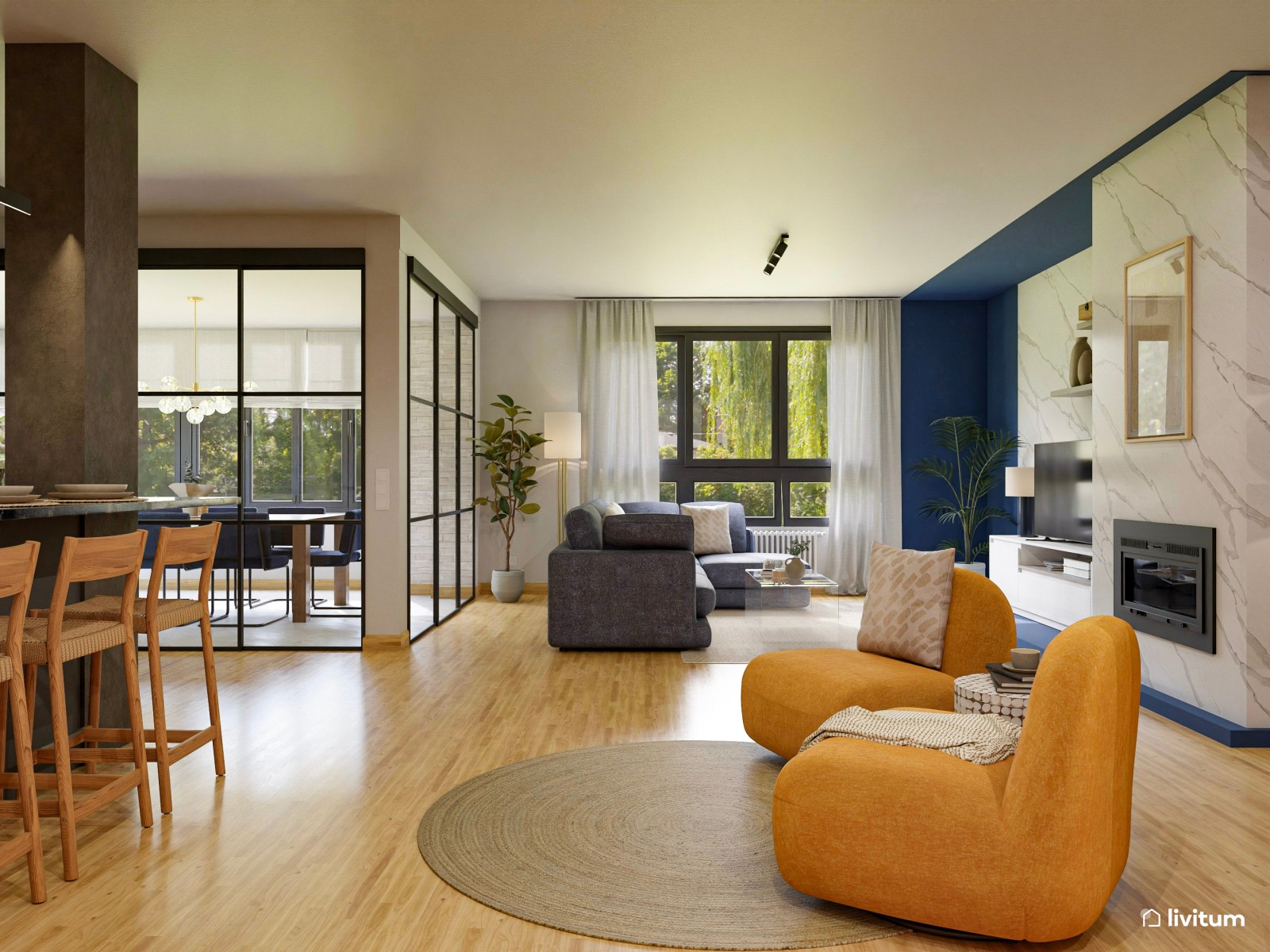 Salón doble, ecléctico y bohemio, decorado en azul y mostaza