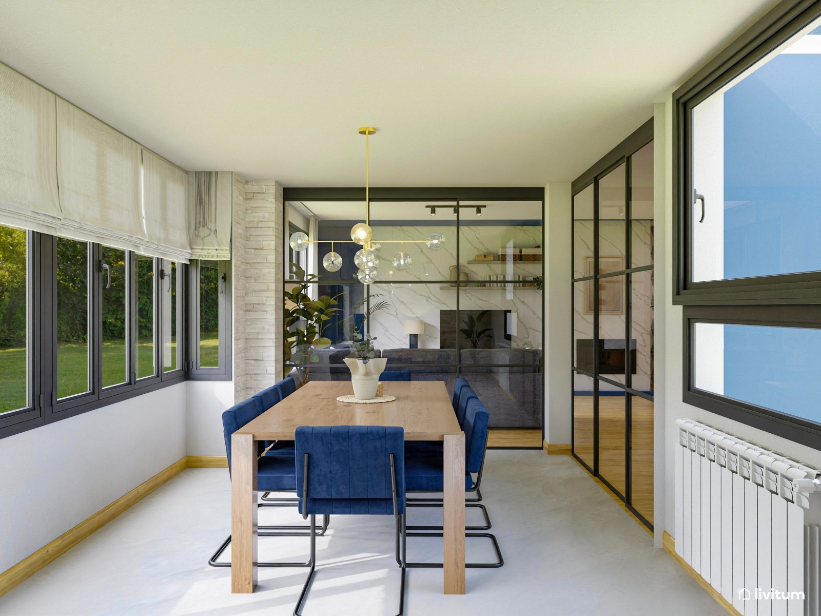 Salón doble, ecléctico y bohemio, decorado en azul y mostaza