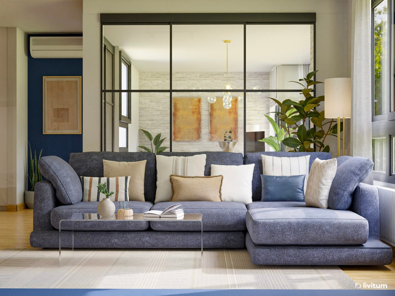 Salón doble, ecléctico y bohemio, decorado en azul y mostaza