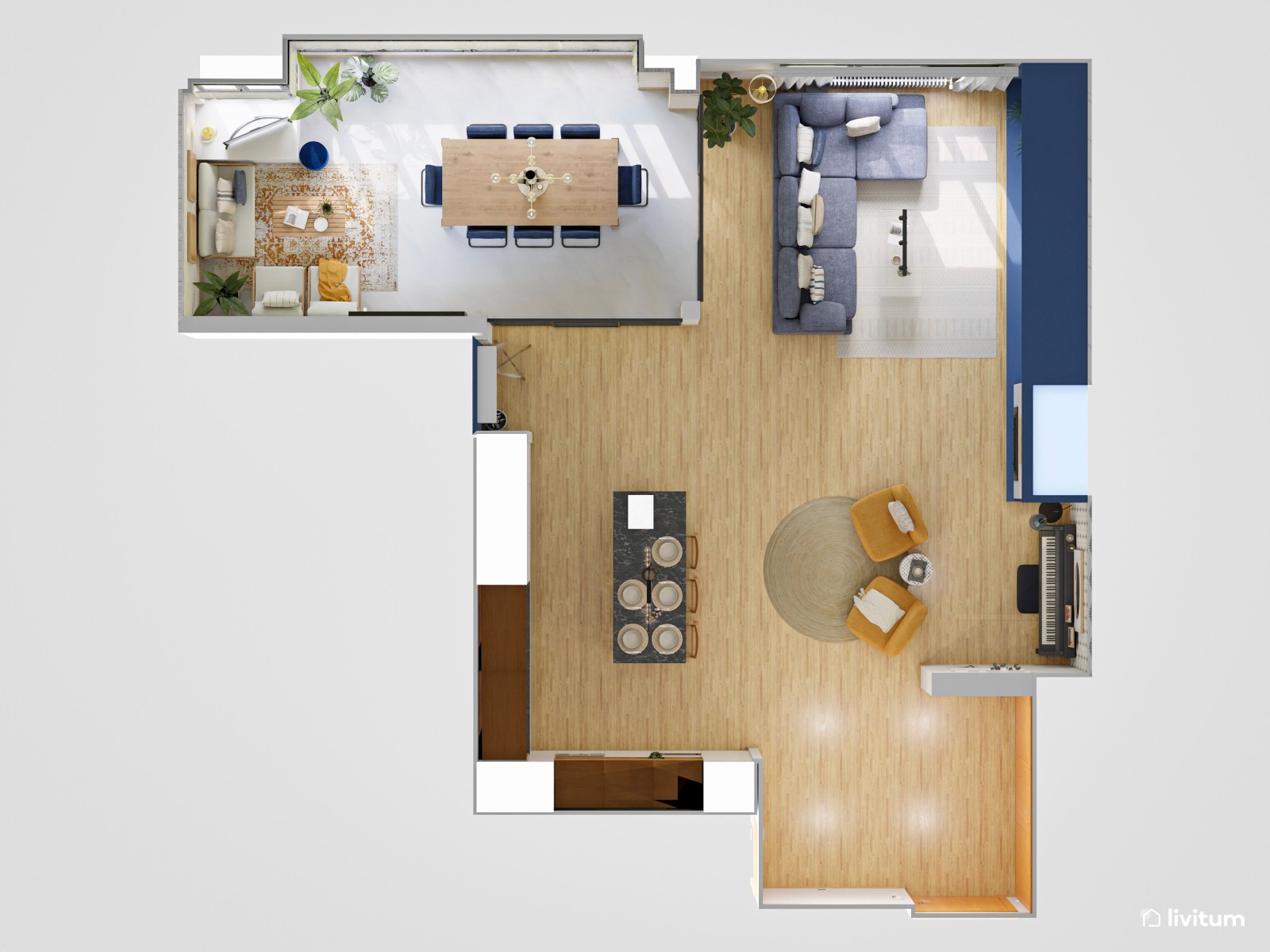 Salón doble, ecléctico y bohemio, decorado en azul y mostaza