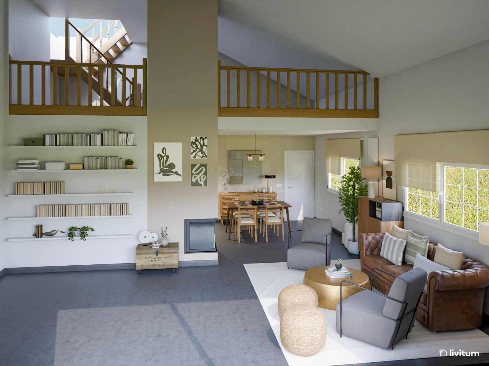 Salón ecléctico cálido con detalles en dorado